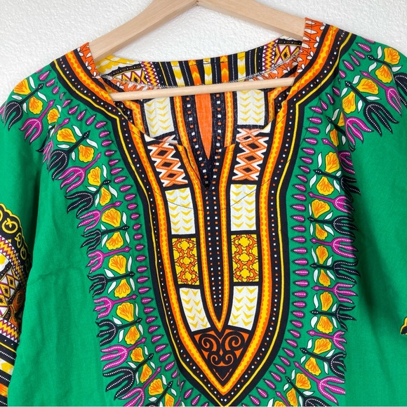 Dashiki Shirt African Print Large Green Short Sleeves Unisex top Festival - Picture 6 of 13